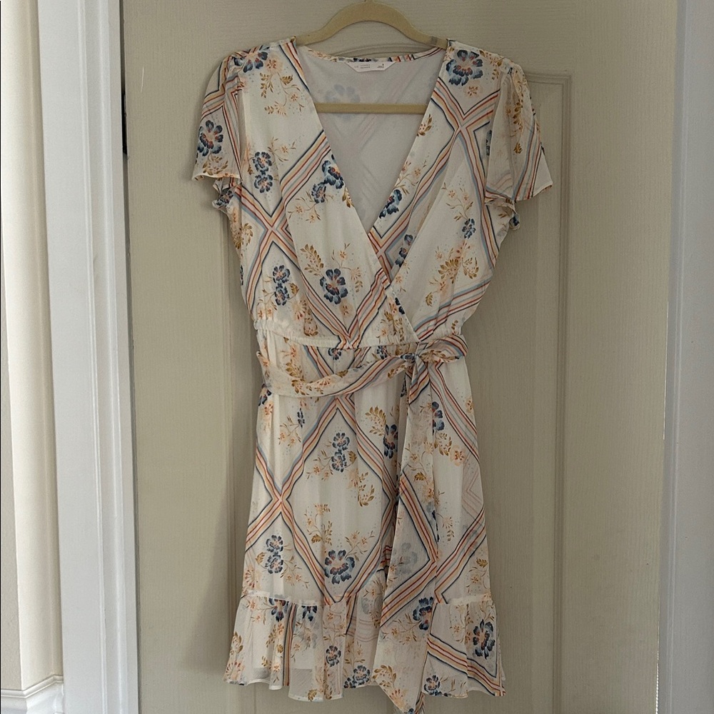 LC Lauren Conrad Floral Wrap Mini Dress in Cream and Blue
